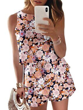 Women's Pink Floral Summer Casual Ruffle Chiffon Polyester Sleeveless Romper